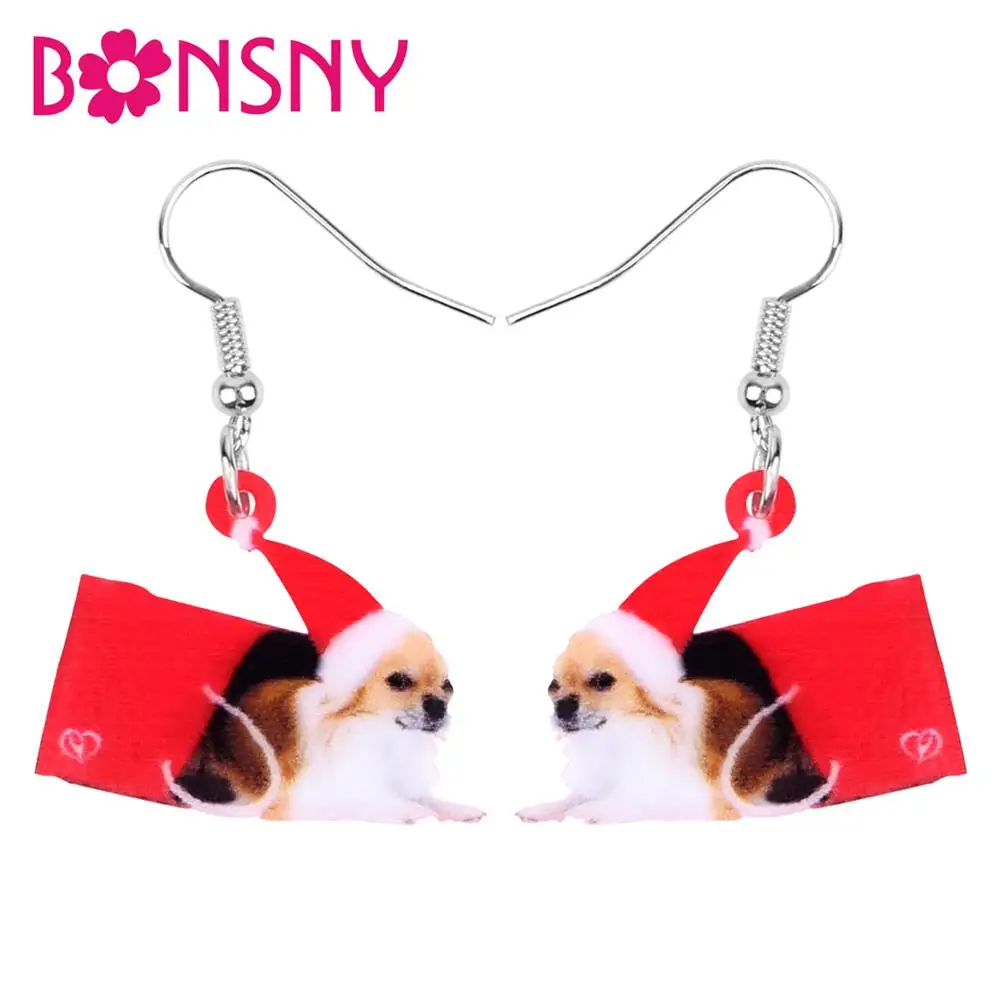 

Bonsny Acrylic Christmas Hat Chihuahua Dog Gift Box Earrings Drop Dangle Animal Pet Jewelry For Women Girl Teen Party Charm Gift