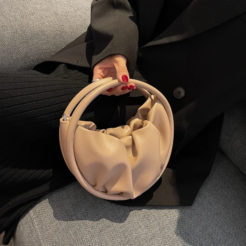 

New Fashionable Simple Pleated Single Shoulder Bag Female Bag Fashionable Texture Handbag Round Bag Satchels