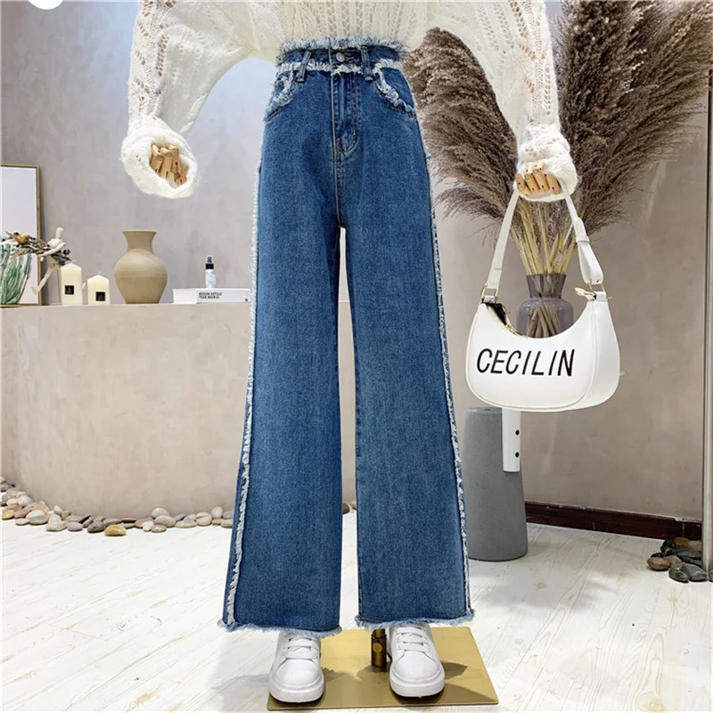 

New Women's Pants Autumn 2021 High-waisted Raw-edge Straight Wide-leg Jeans All-match Drape Mopping Trousers