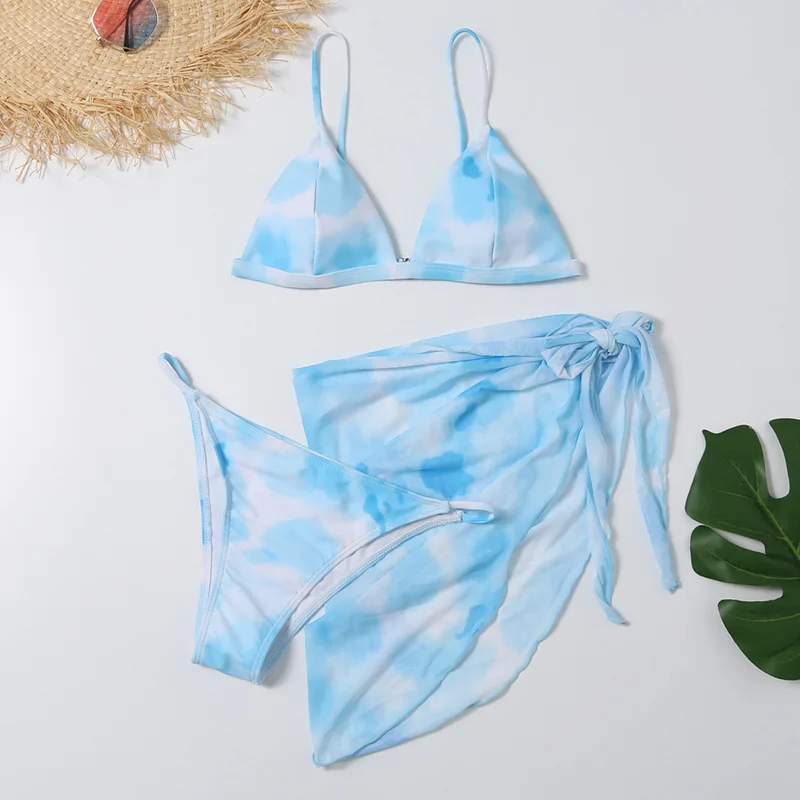 

2021 new split tie dyed three piece mesh bikini