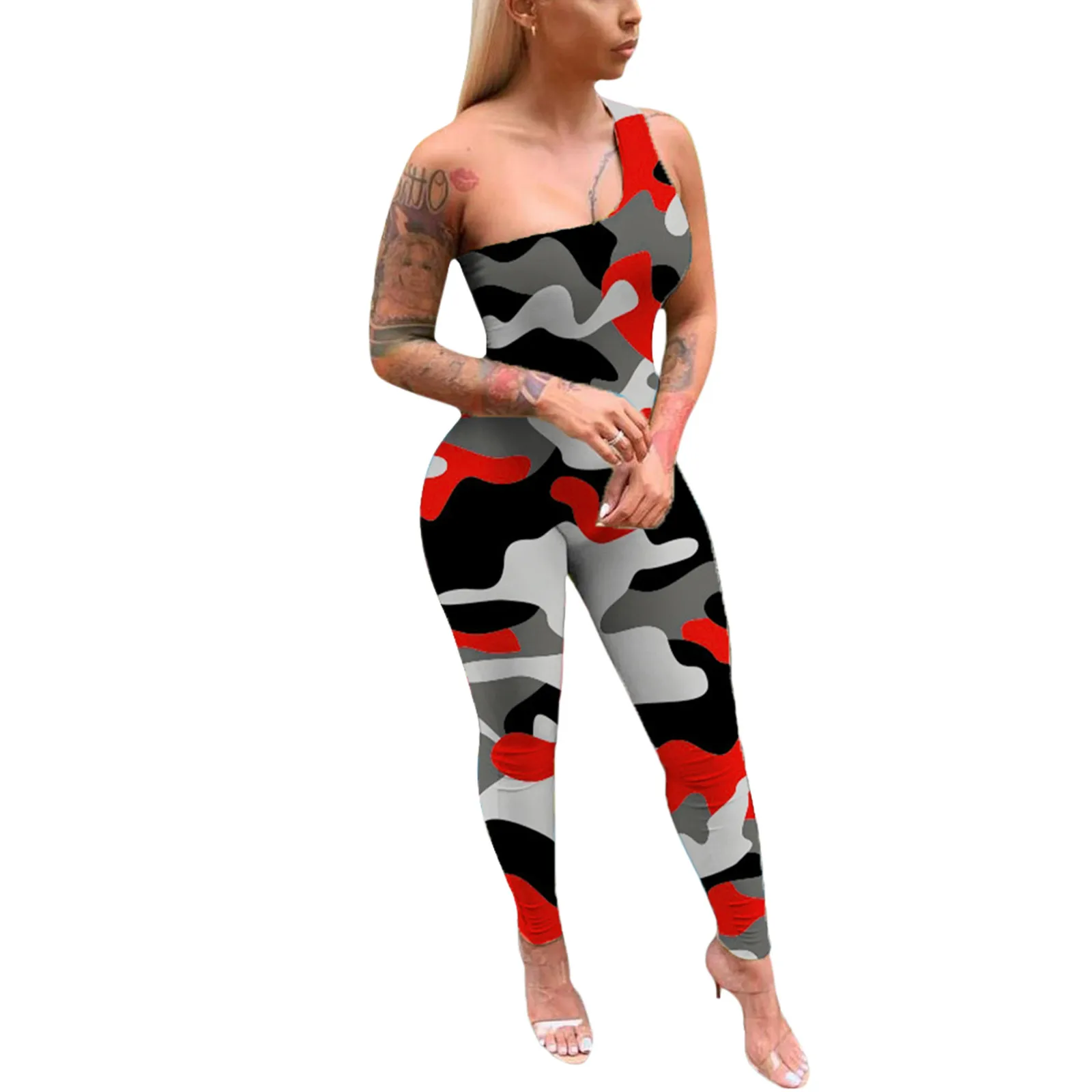 

Summer New Playsuit Women's Sexy One-Shoulder Sleeveless Hip-Lifting Sports Jumpsuit Female Fashion Bodysuit combinaison femme