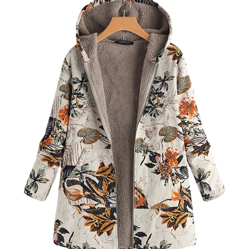 

Leaves Floral Print Hooded Long Sleeve Vintage Coats KZ014
