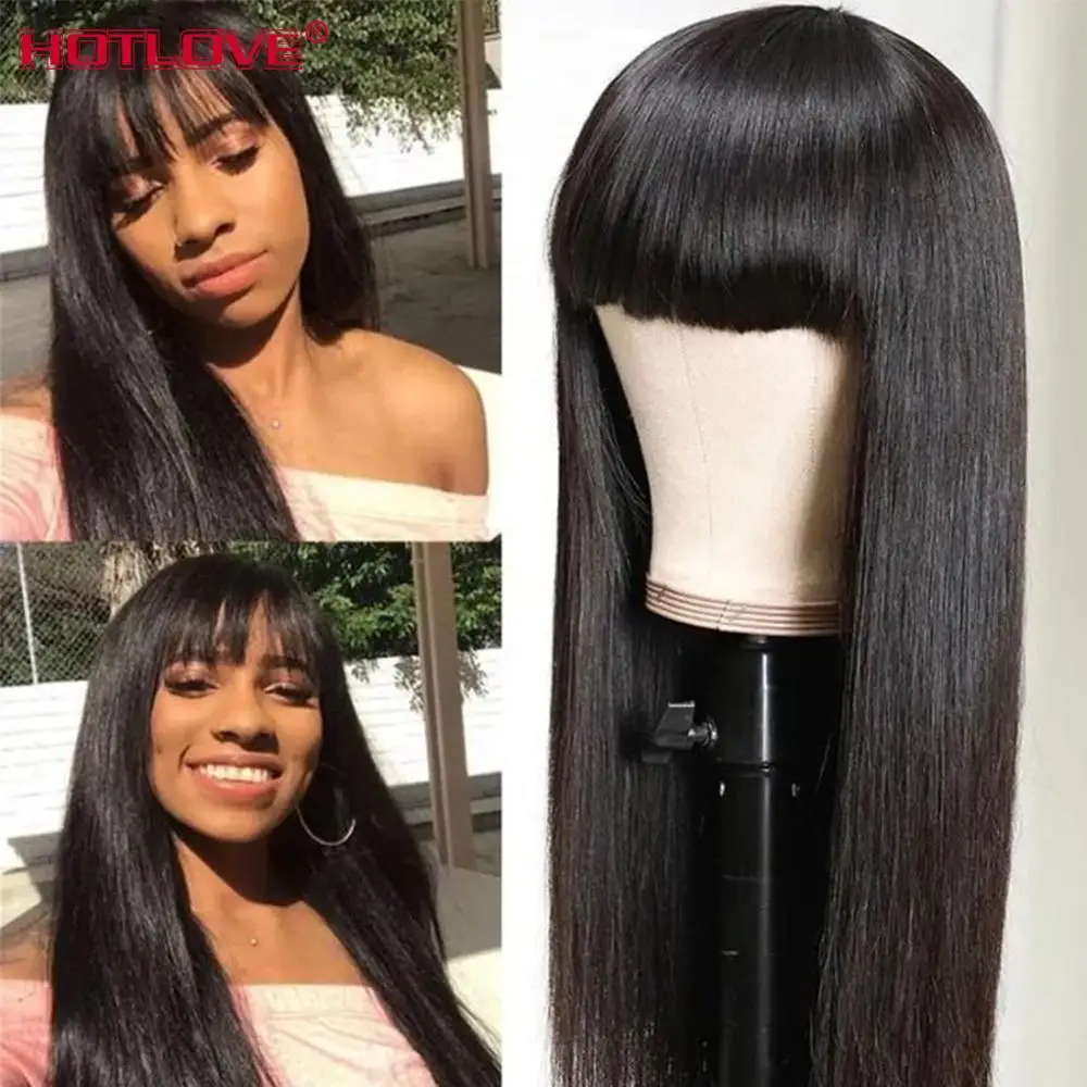 

Straight Human Hair Wigs With Bangs Pre Plucked Full Machine Made Wigs Brazilian Remy Hair Wig Natural Color 150% Denisty