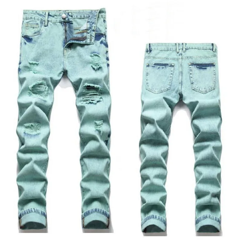 Men Jeans Patchwork Slim Multicolor Skinny Jeans Streetwear Ripped Stretch Denim Pants Holes Trousers Multiple Styles