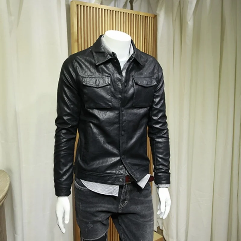 

Safari Vintage Style Lapel Cargo Jackets Men Pu Leather Motorcycle Coat Autumn Winter Fashion Slim Fit Streetwear Bikers Jacket
