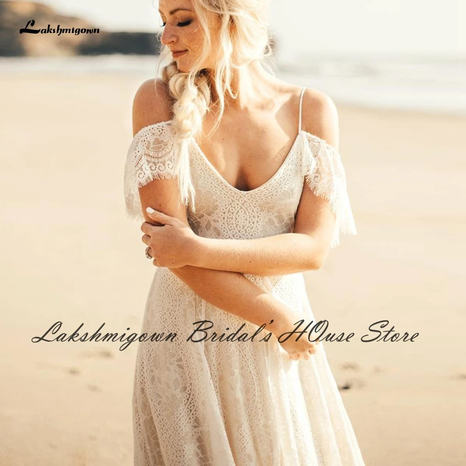 

Lakshmigown Vintage Lace Bridal Robe Beach Wedding Dress with Spagnetti Straps 2021 Sexy Bridal Boho Wedding Gowns Plus Size