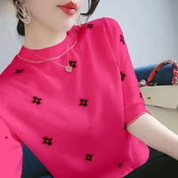 embroidery sleeve knit jackets in female temperament of 2021 summer relaxed joker round collar and a half sleeve t shirt