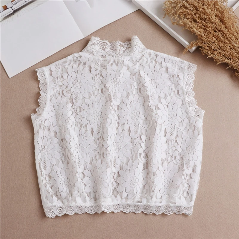 

Q1FA Women Hollow Floral Lace False Fake Collar Turtleneck Detachable Dickey Half Shirt Blouse Elegant Sleeveless Underwear