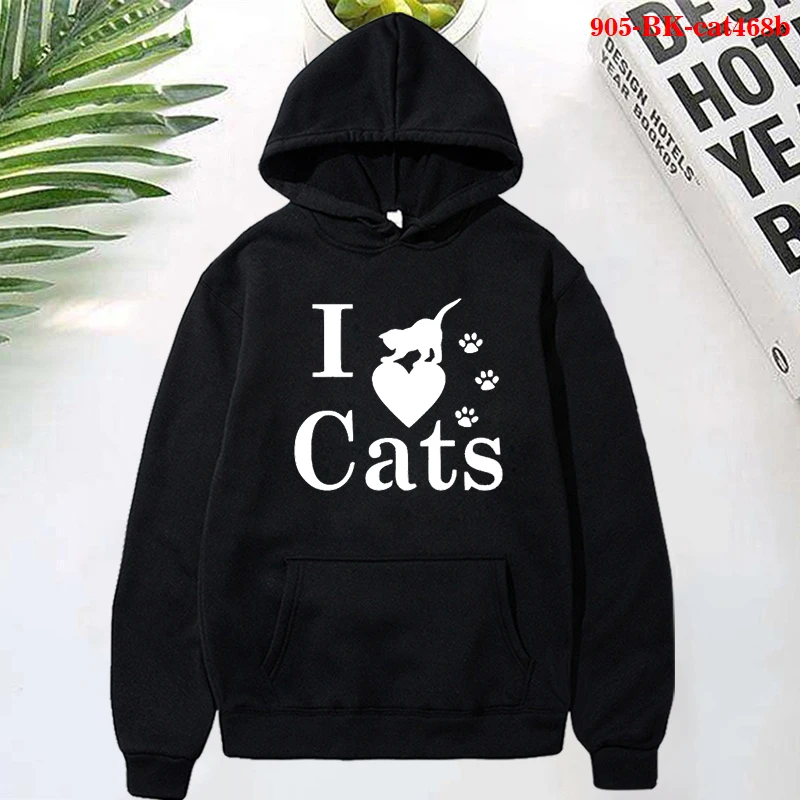 

Толстовки с принтом «I LOVE Cat» и изображением кота, толстовки в стиле Харадзюку, пуловер с длинным рукавом, свитшот, уличная одежда