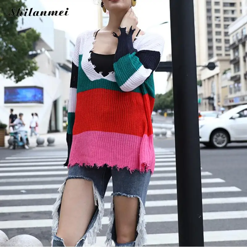 

Rainbow Striped Sweater Women 2019 Autumn Tassels Knitted Sweater Colorful Fashion Pullovers Ladies Sweet Sweater Pull Femme