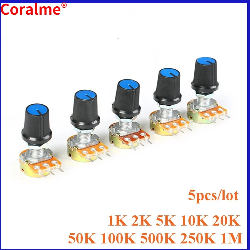 

5PCS WH148 Linear Potentiometer 15mm Shaft With Nuts And Potentiometer Button Cap for 1K 2K 5K 10K 20K 50K 100K 500K 1M 250K