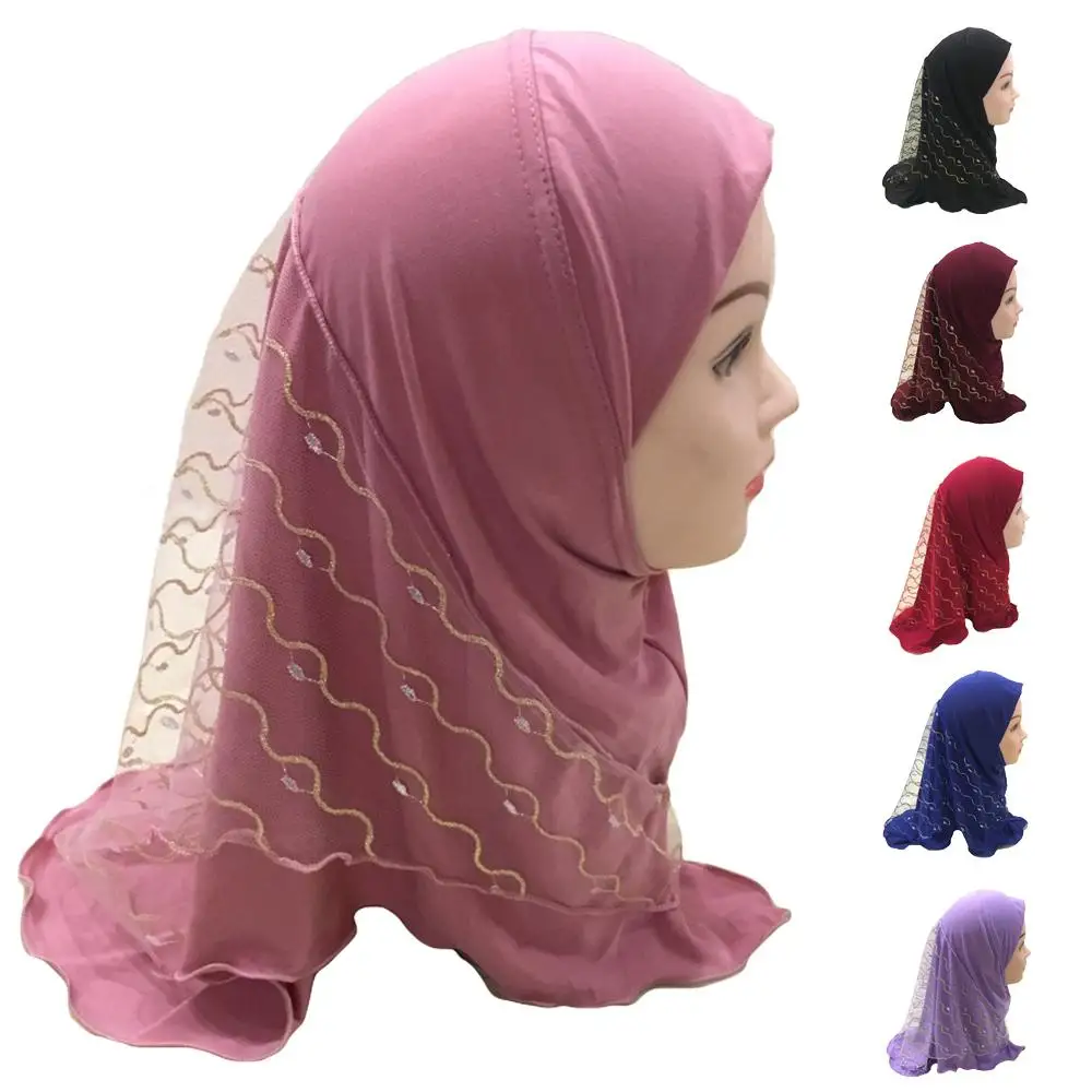 

Muslim Kids Girls Hijab Islamic Head Scarf Amira Wrap Full Cover Mesh Shawl Hat Arab Turban Headscarf Prayer Hat Bandanas 2-6Y
