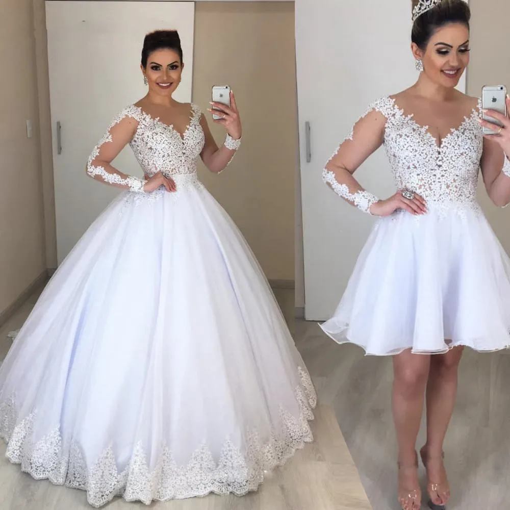 

2 In 1 Plus Size Wedding Dress Boho 2020 Illusion Appliques Bridal Gown Vestido De Novias Bride Dresses Overskirt