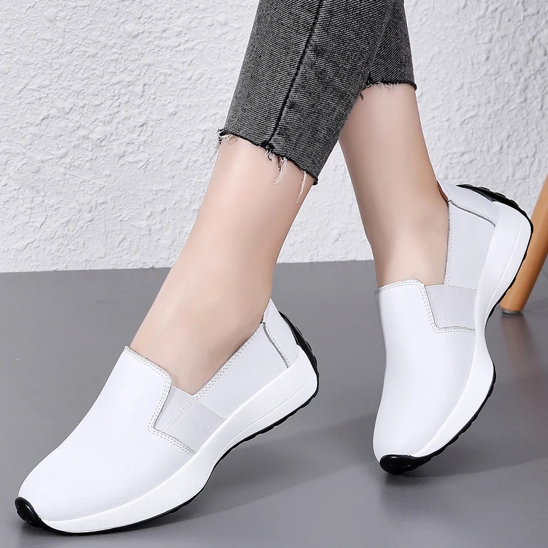 

Women Loafer Shoes Casual Cowhide Elastic Braid Breathable Antiskid Height Increasing Light Soft Comfort Fashion Summer Autumn