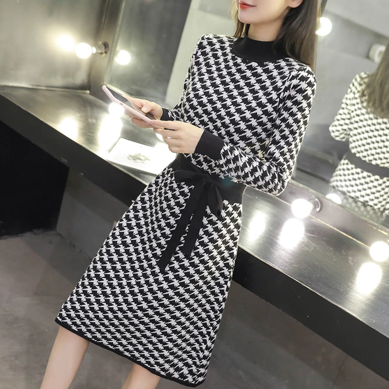 

Fashion Black And White Plaid Dress Women's 2021 Spring New Slim Fit With Contrast Pullover Knitted Skirt