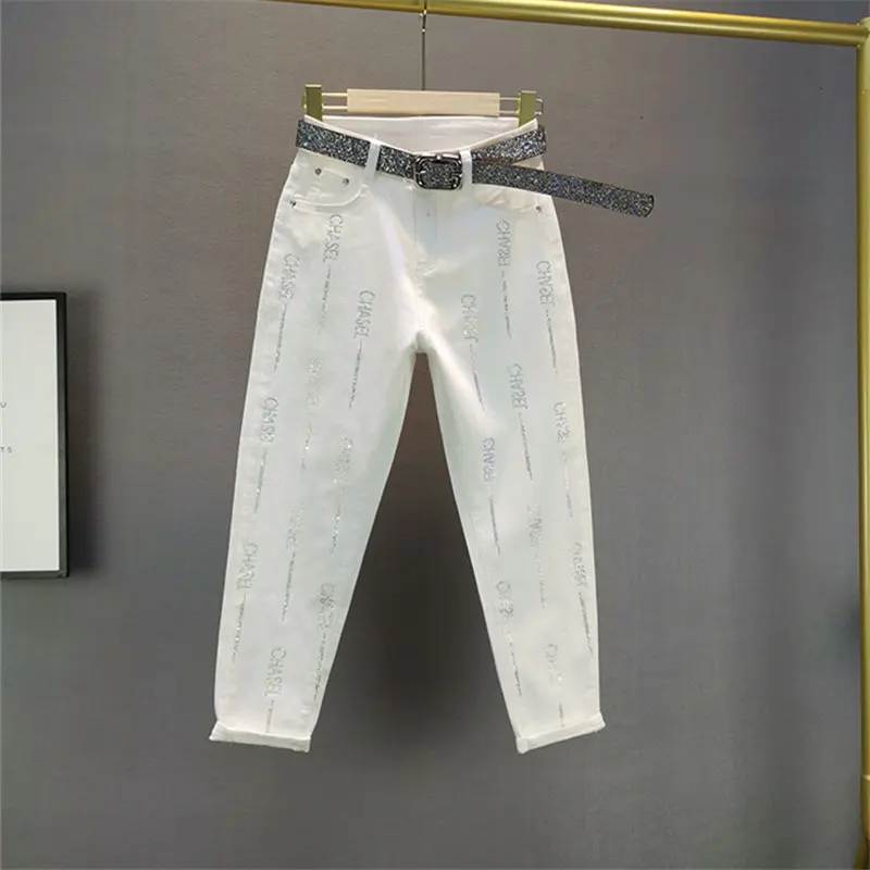 

Plus Size Jeans Women 2021 New Summer High waist Letter Diamond Shiny Female Denim Pencil Pants Fashion Ladey Casual Trousers
