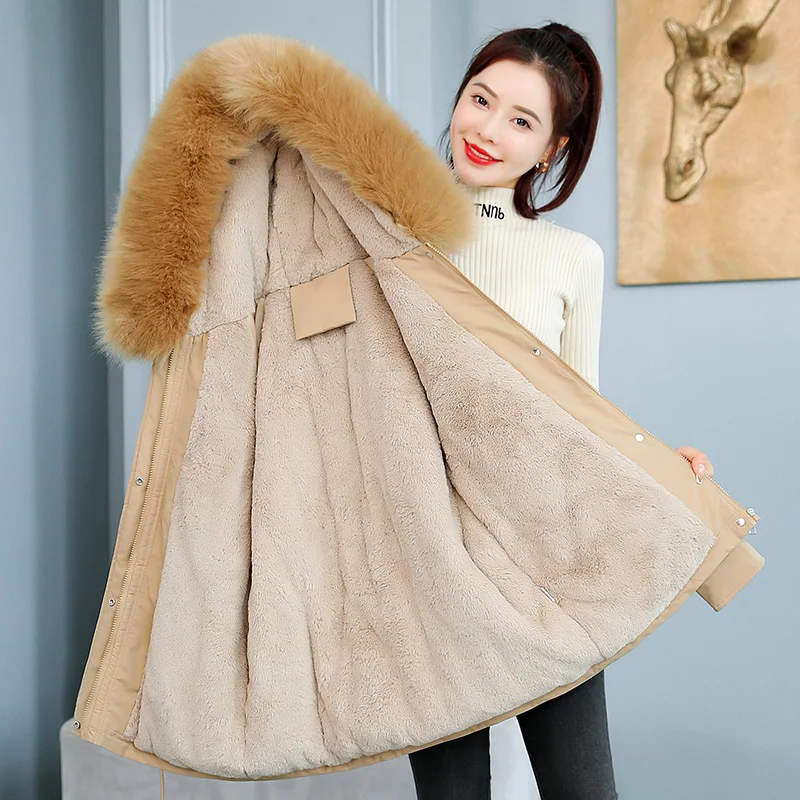 2022 Winter Slim Fleece Parkas Coat Fur Collar Hooded Thicken Warm Jacket Padded Casual Female Outwear Loose Korean Cotton Coats