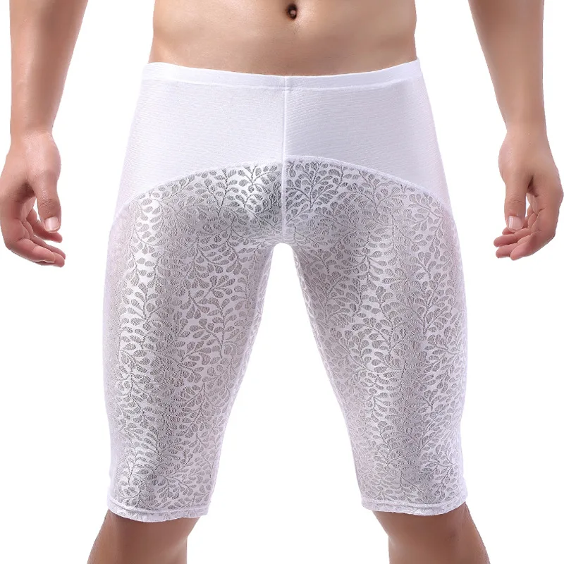 Sexy Men Underwear Long Boxers Smooth Ice Silk Lace Knee-length Boxer Low Rise Panties Trunks Home Wear High Quality