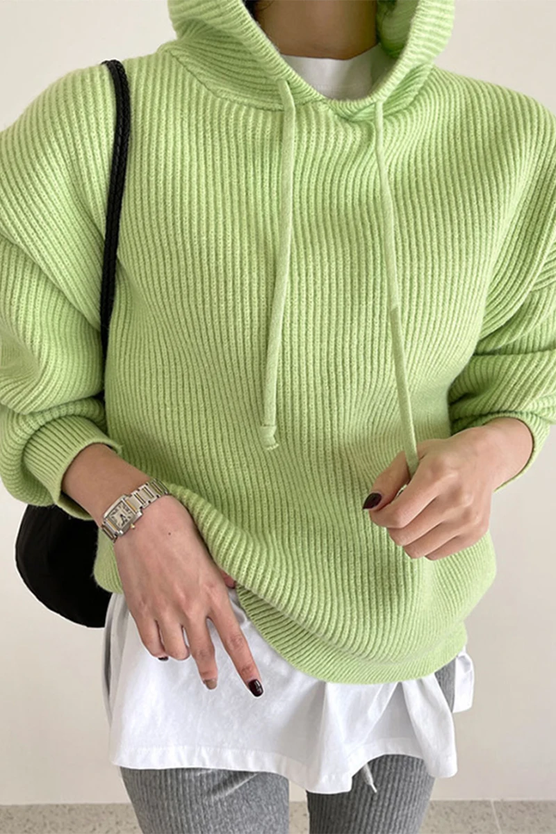 

Candy color loose hang strip casual all-match long-sleeved hooded patch knitted sweater women