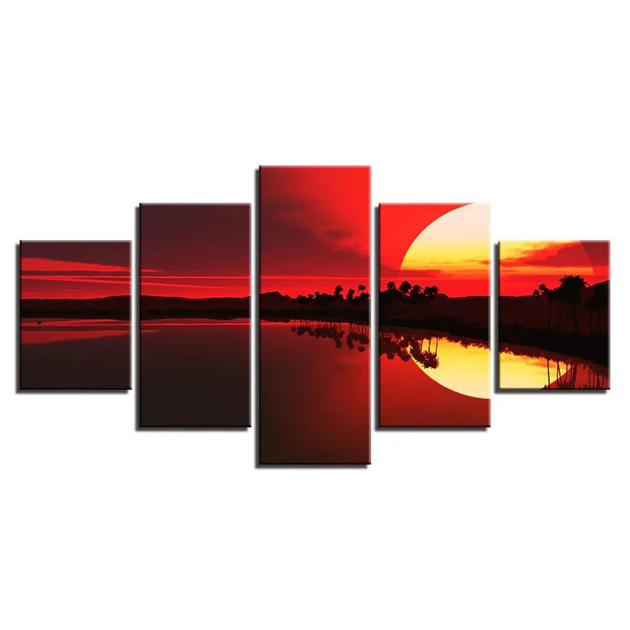 

Decoration Modern Prints Wall Art 5 Pieces Red Sky Lake Forest Sunset Scenery Paintings Poster Framework Modular Pictures Canvas