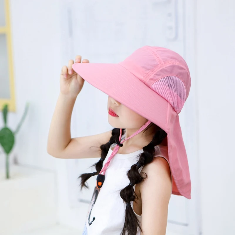 

Outdoor Flap Cap With Chin Strap Children Lightweight Foldable Adjustable Sunshade Neck Cover Sun Hat Sportswear Hiking Caps
