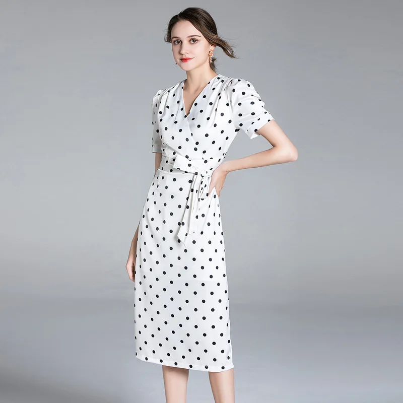 

Womens Summer Dot Dress French Retro Short-Sleeved OL Printed V-Neck A-Line Slim High-Waist Bowknot Dating Mid-Length Skirt