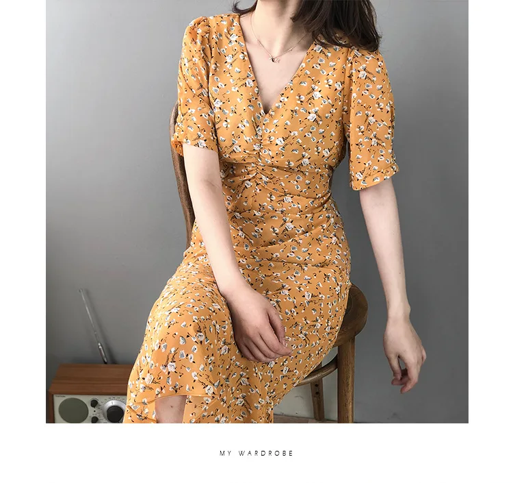 

2021 Women Long Dress Flower Print Slim Waist Women Dress Vintage Women Summer Boho Chiffon Dress With Belt Clothes Vestidos
