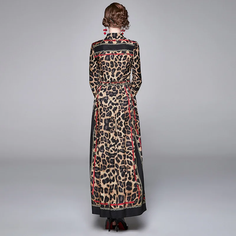 

2020 Fashion Designer Runway Long Dress Women's Turn Down Neck Long Sleeve Leopard Print Vintage Party Maxi Dress