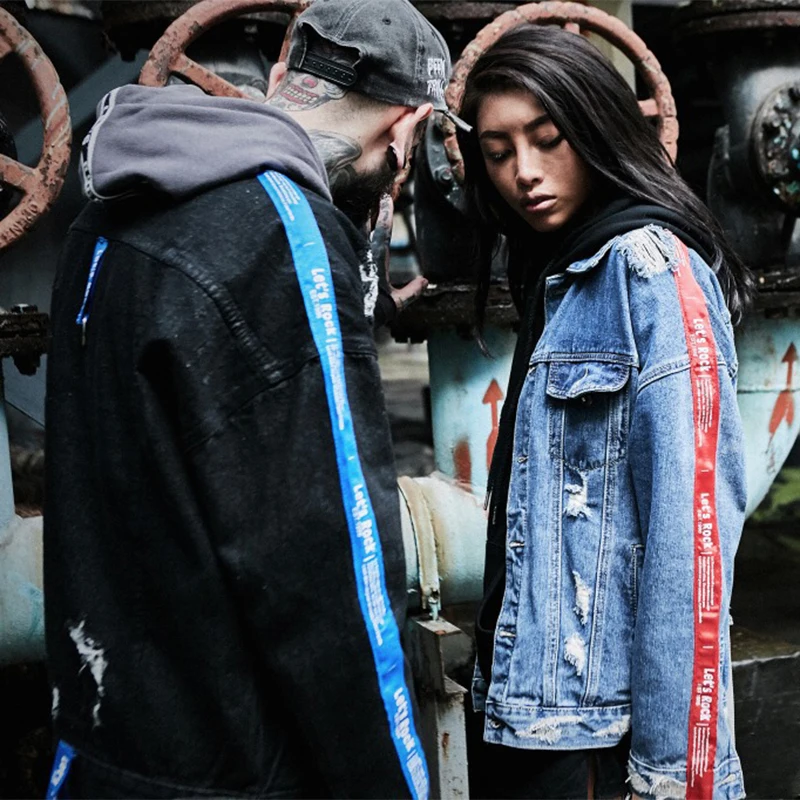Одежда для пар джинсовая куртка 2017 мужская Hi-street ленты рукав рваные хип хоп