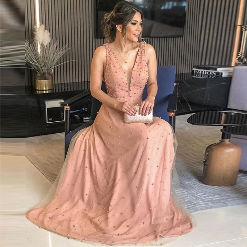 Элегантное розовое вечернее платье с V-образным вырезом длинные платья для