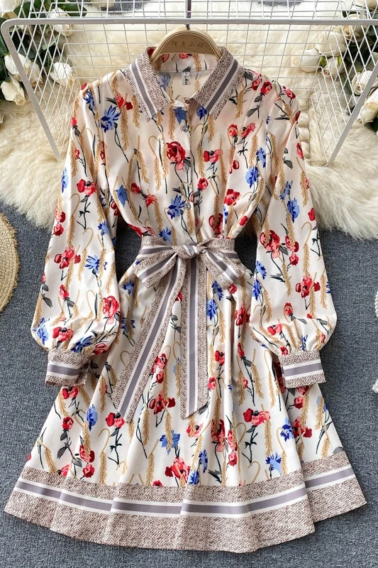 

European women's wear 2021 new trendy temperament POLO collar breasted slim short puff sleeve dress female summer dress