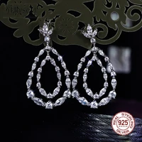 36mm real silver big water drop earrings with shiny zircon crystal 925 fine jewelry for women