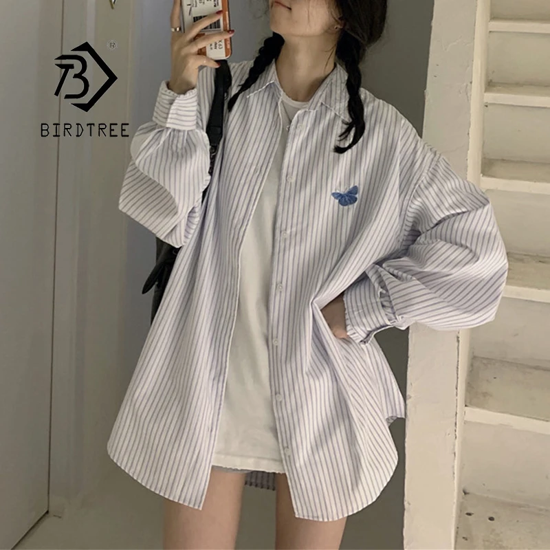 

Женская винтажная рубашка в полоску, белая Повседневная Блузка с рукавом «летучая мышь» и вышивкой в виде бабочек, T06303F, осень 2019