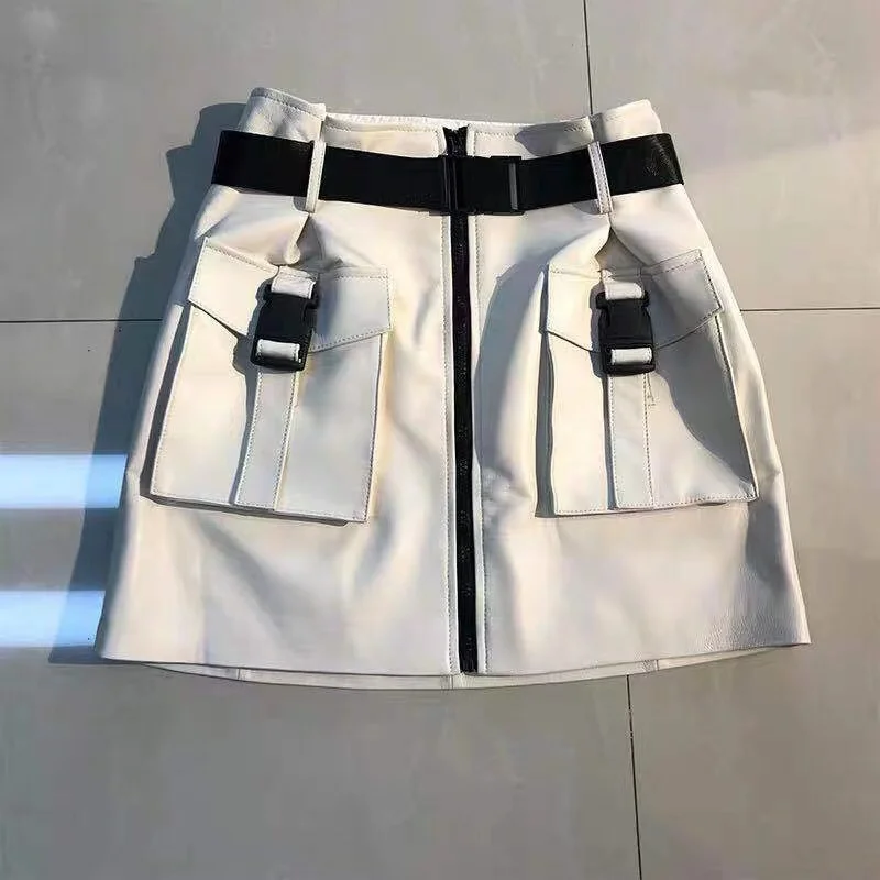 Осень 2021 новая юбка из овчины кожаная А силуэта с большим карманом и поясом