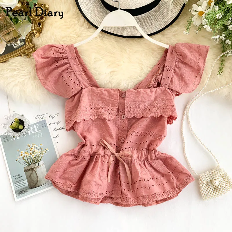 

Pearl Diary Women Cotton Crop Vest Embroidery Tie Bow Front Sweet Cute Top Slash Neck Strappy Flounce Hem Cotton Beach Vests New