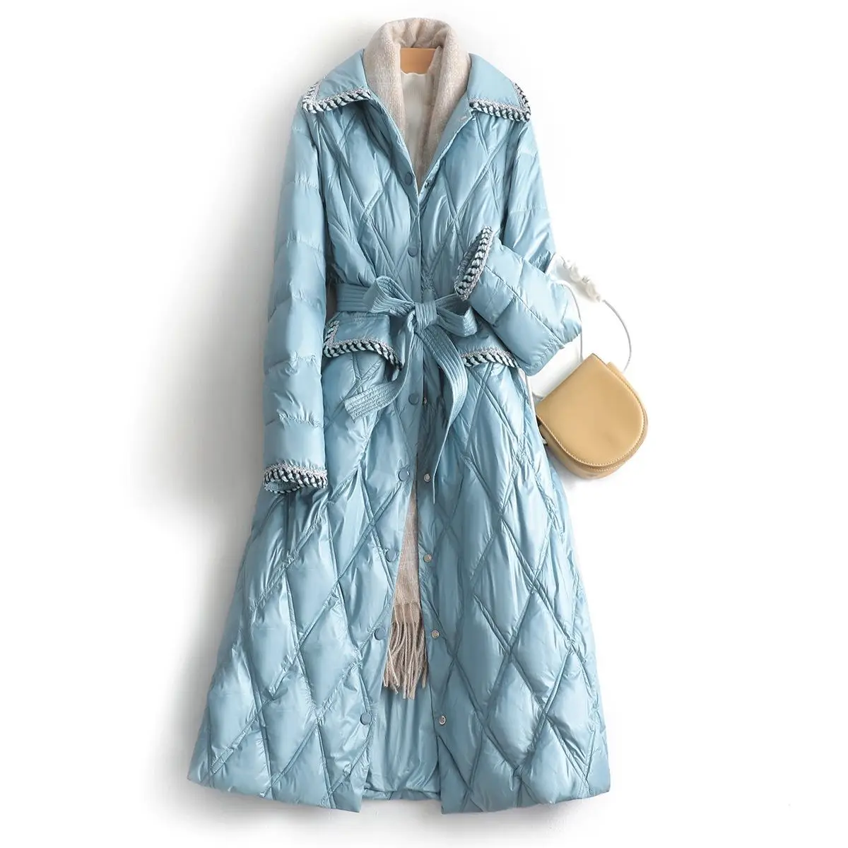 

2021 Winter Long Warm Jacket Women High-quality Fashion Chic Diamond Belt Temperament Parka Coat Jacket Women Clothing Kj1528