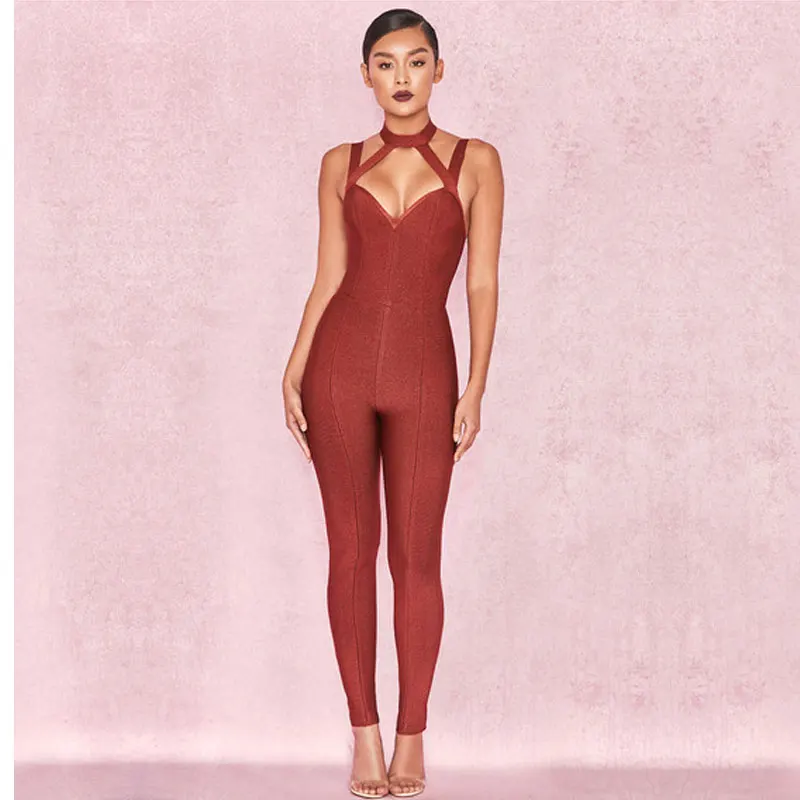 sexyboutique bandage jumpsuit halter sleeveless strap women jumpsuit overalls  casual wear for daily  skinny bandage jumpsuit