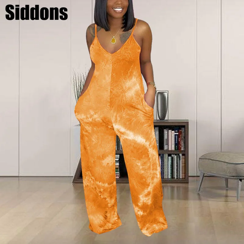 

Women Spaghetti Strap Tie Dye Jumpsuit Office Ladies Sleeveless Casual Playsuit Overalls Wide Leg Loose Playsuit