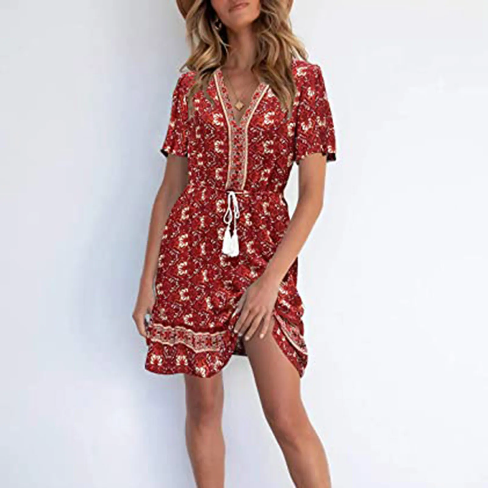 

Ladies Dress New Summer V-neck Fashion Printed Belt Pleated Short Sleeve Dress Female A Line Mini Dress Wrap Sundress Robe