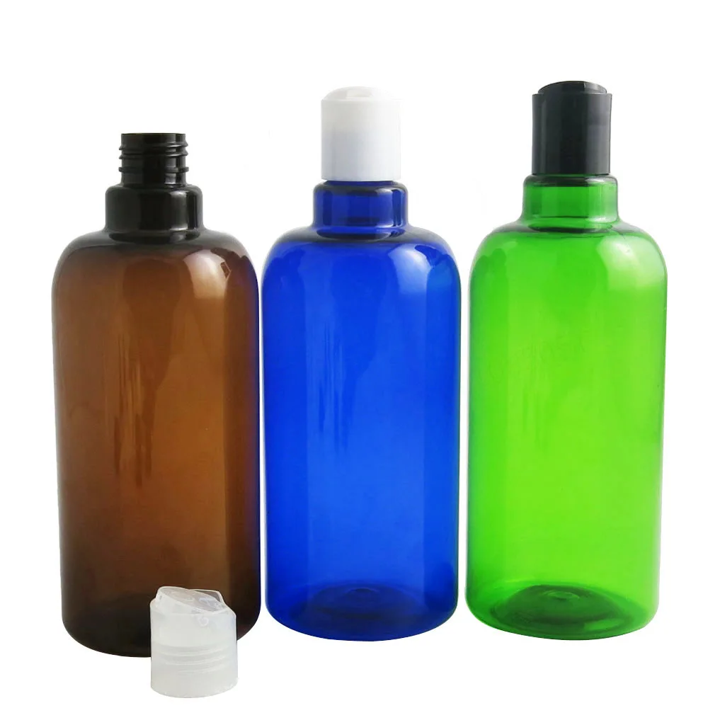 

12pcs/lot 500ml Refillable Big Empty Cosmetic Cream Lotion Shampoo Bottle Amber Blue Green Plastic Bottle With Disc Top Cap