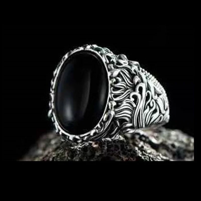 

Luxury Black Gemstone Men's European and American Retro Carved Domineering Oval Annotation Punk Ring Wholesale Bulk