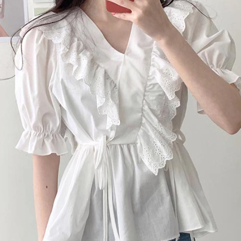 

Nomikuma Korean Summer Womens Tops Lace Ruffle V-neck Puff Sleeve Blouse Shirt 2021 New Lace Up Slim Waist Blusas Mujer 6G755