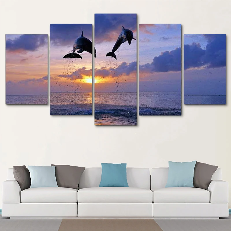 

5 Pieces of Sunset Seaside Modular High-definition Animal Dolphin Poster Canvas Wall Living Room Furniture Decoration Frameless