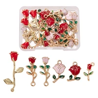24pcs 6 styles pink red rose flowers alloy enamel charm pendants for valentines day women necklace earrings jewelry diy making