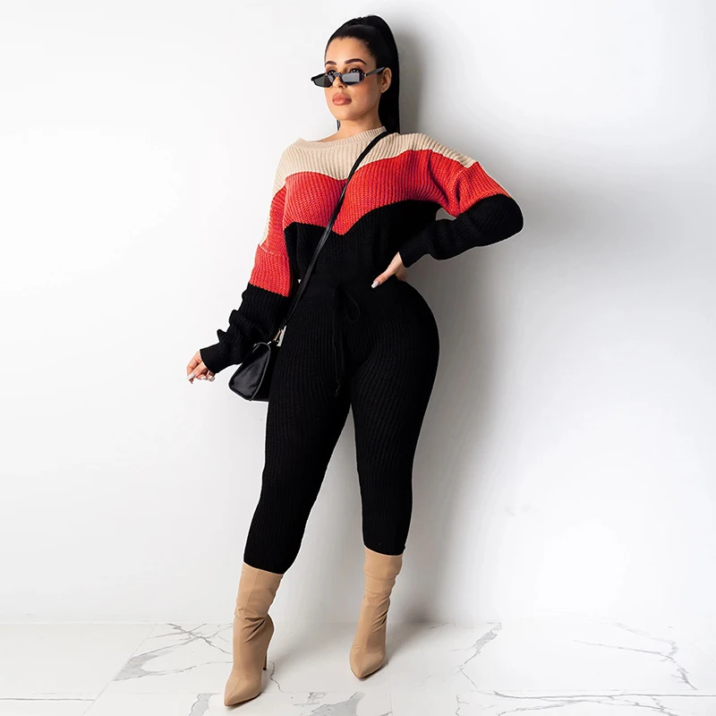 

Plus Size Woman Sweater Suits Knit Casual Tracksuits Crewneck Pullovers+Drawstrings Elastic Pants Two Piece Sets Female Outfits