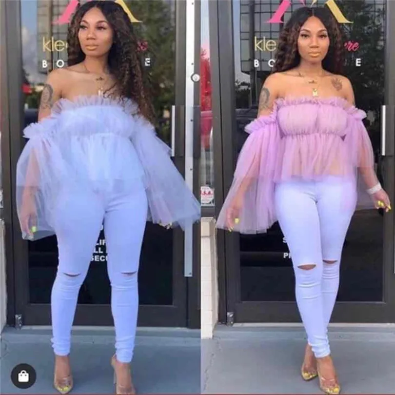 Женская летняя футболка с открытыми плечами сетчатая Лоскутная расклешенными