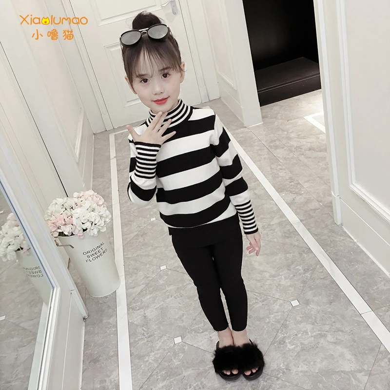 

Sweater girl turtleneck kids girl winter clothes for girls Chirldren High Elastic tops stripe Black and white knitted sweater
