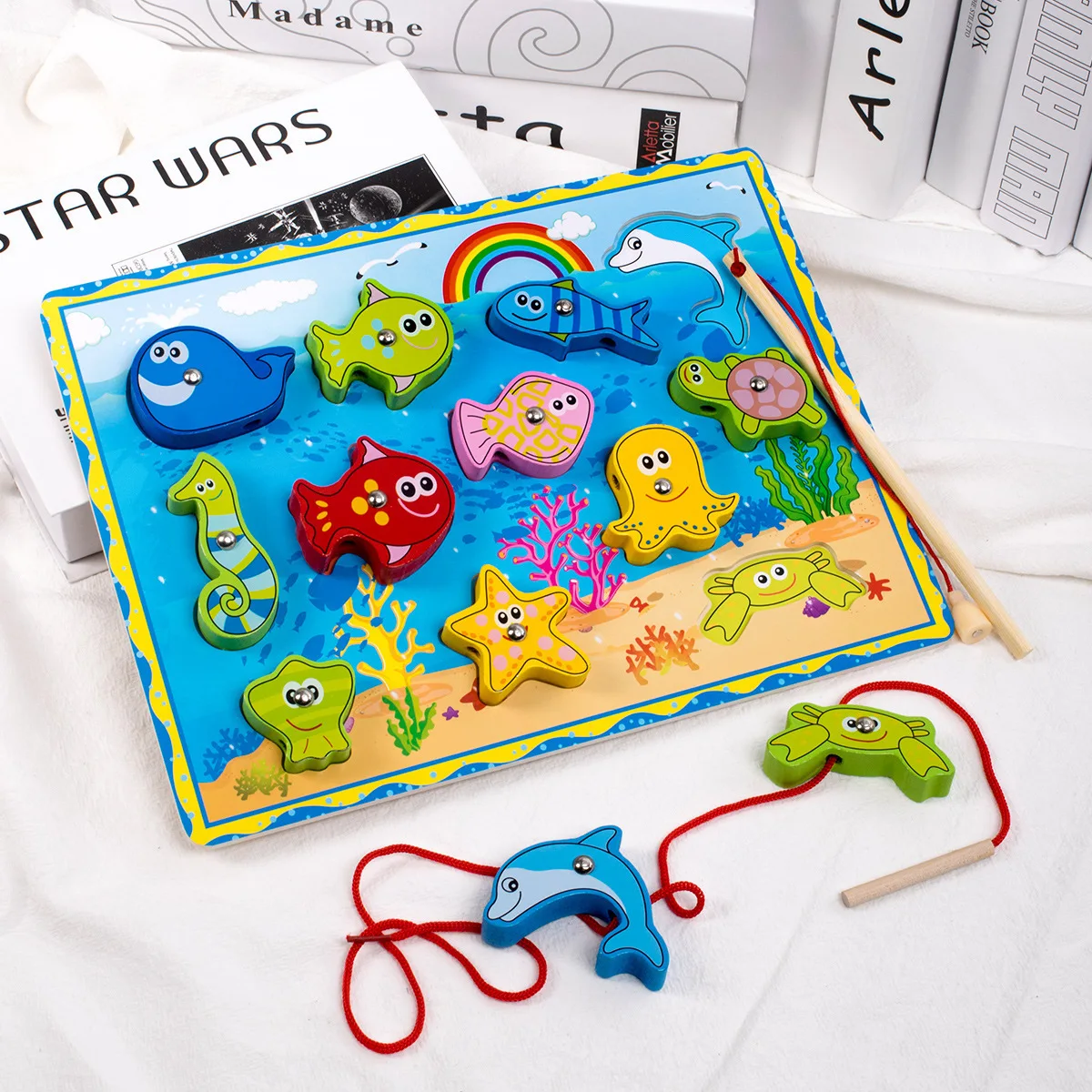 

Montessori Wooden Magnetic Wear Wire Fishing Animals 3D Matching Patchwork Board Baby Beads Early Education Intelligence Toys
