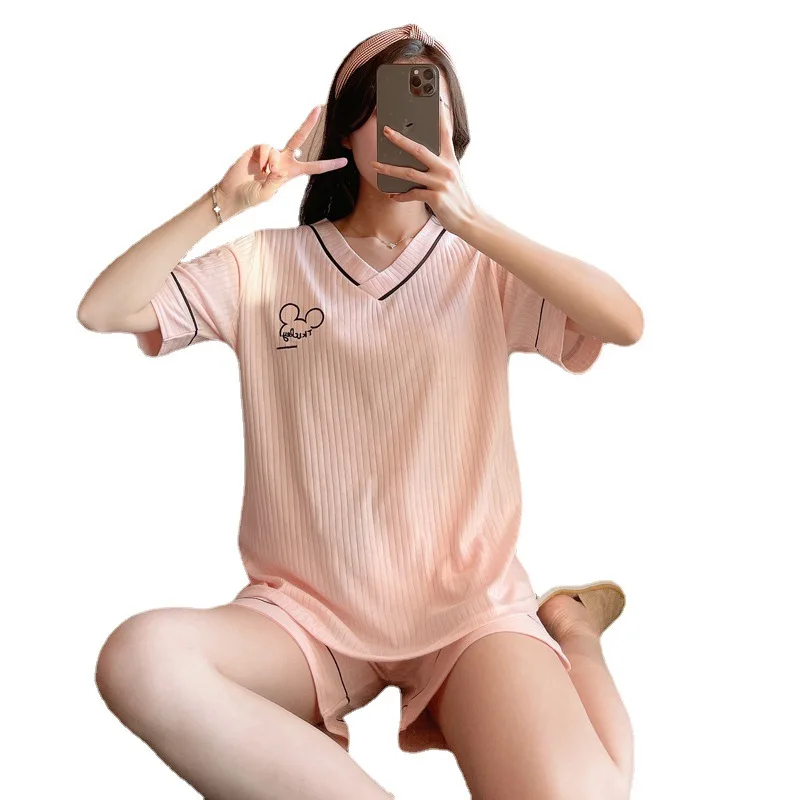 2021 Summer Women's Pajamas Short Sleeve V-neck Cotton Nightwear Pure Color Letter Shorts Sweet Lovely Home Suit Thin Sleepwear