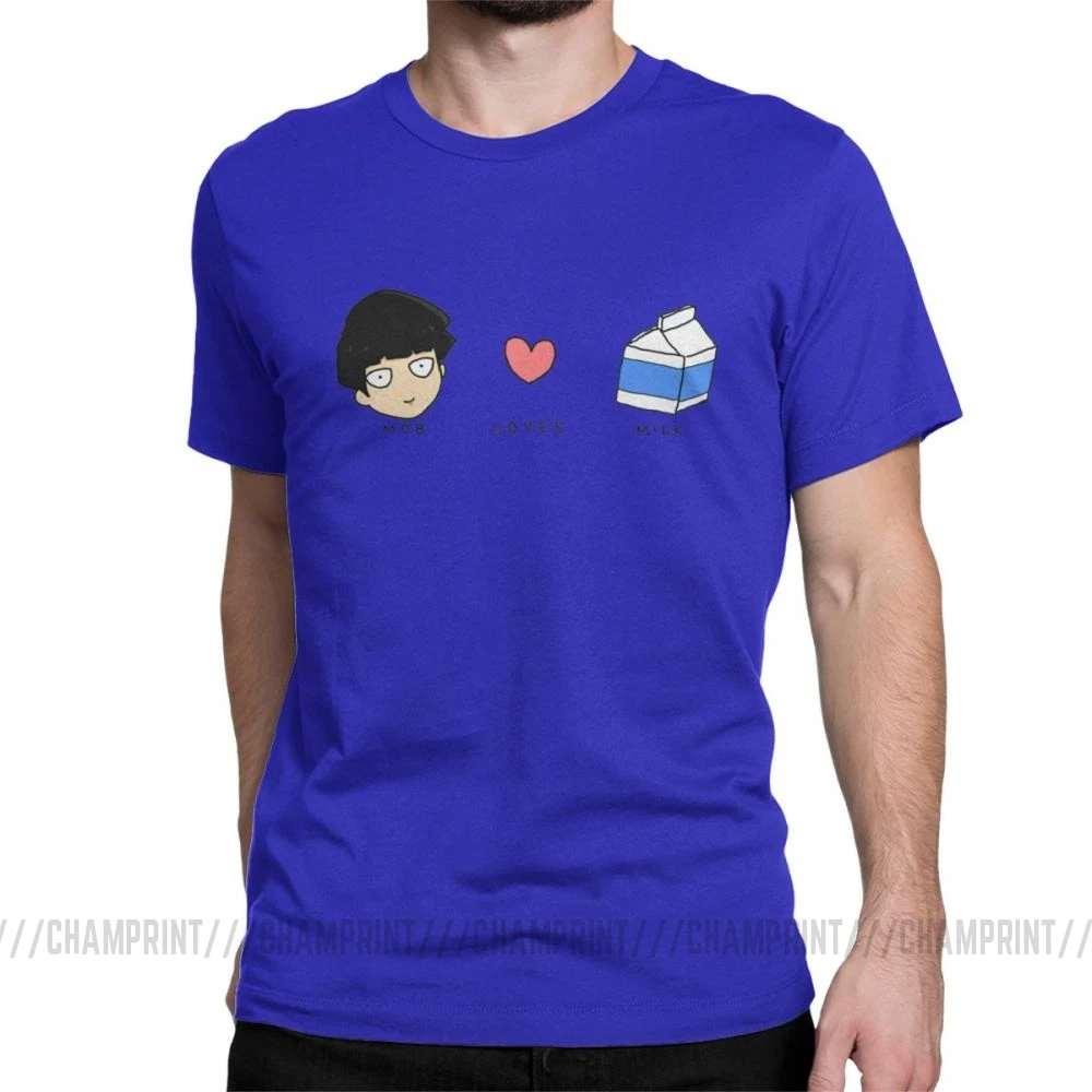Mob Loves Milk Mob Psycho 100 футболки мужские хлопковые новые футболки с круглым вырезом футболка с коротким рукавом Одежда с принтом - Цвет: Синий